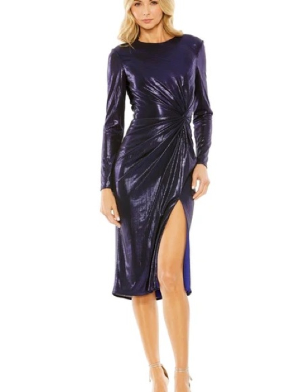 Long Sleeve Twist-Knot Midi Dress in Deep Navy